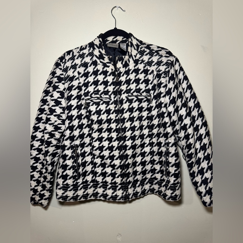 Chico's Black & White Houndstooth Zip-Front Bomber Jacket